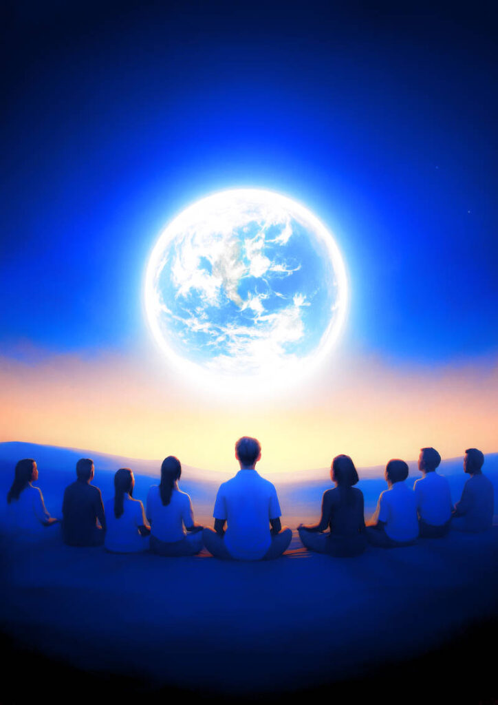 Un groupe de personnes en méditation devant le globe terrestre