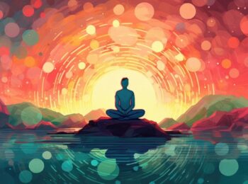 Dessin d'un personnage en méditation entouré d'un halo de lumière