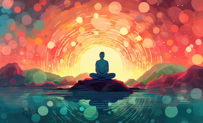 Dessin d'un personnage en méditation entouré d'un halo de lumière