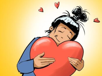 Illustration d'une fille qui tient un coeur dans ses bras avec un grand sourire