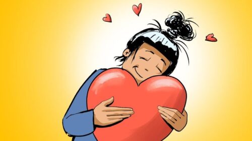 Illustration d'une fille qui tient un coeur dans ses bras avec un grand sourire