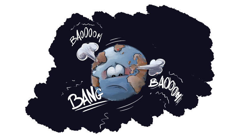 Dessin de la planête triste, avec des explosions
