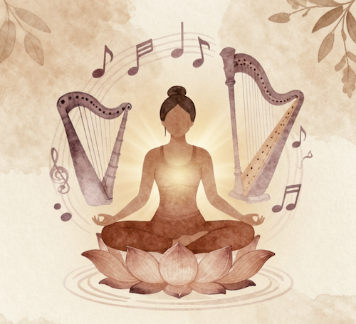 image d'un yogi sur fleur de lotus avec 2 harpes