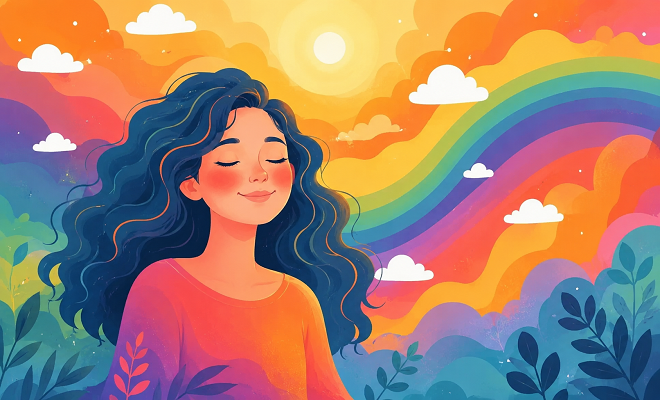 Dessin d'une femme les yeux fermés et souriante dans un paysage très coloré