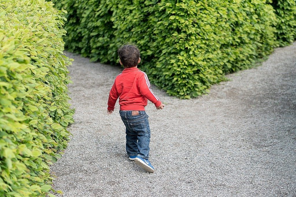 Un enfant hésite entre deux chemins à prendre dans un jardin labyrinthe