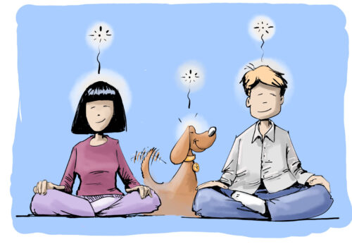 Dessin humoristique d'un couple en train de méditer avec leur chien