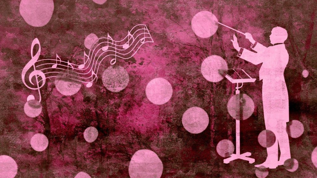 Dessin d'un chef d'orchestre avec en toile de fond des notes de musique