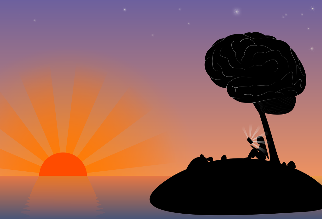Illustration d'un couché de soleil avec une personne sur une petite ile qui regarde son portable